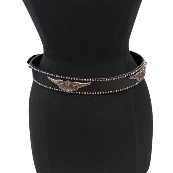 Harley Davidson Older Womens Black Leather Belt Wing Studs M 30-34 Preloved - Picture 8 of 10